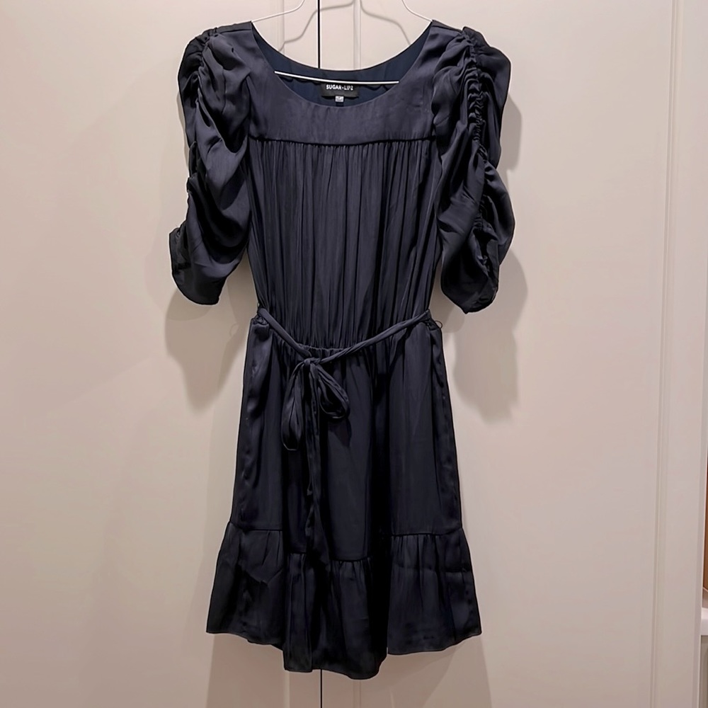 Sugar + Lips, size medium navy blue shirt dress with tie at waist.